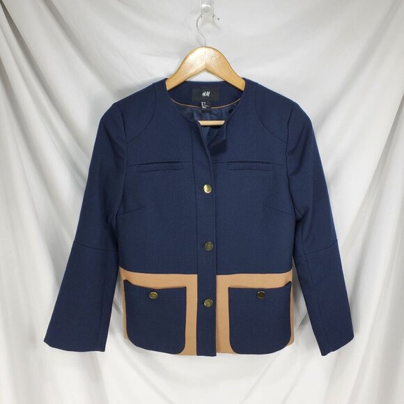 H&M Women's Beige Blue Blazer Jacket 3/4 Sleeve Button Front Pockets Size 6 - Picture 1 of 8